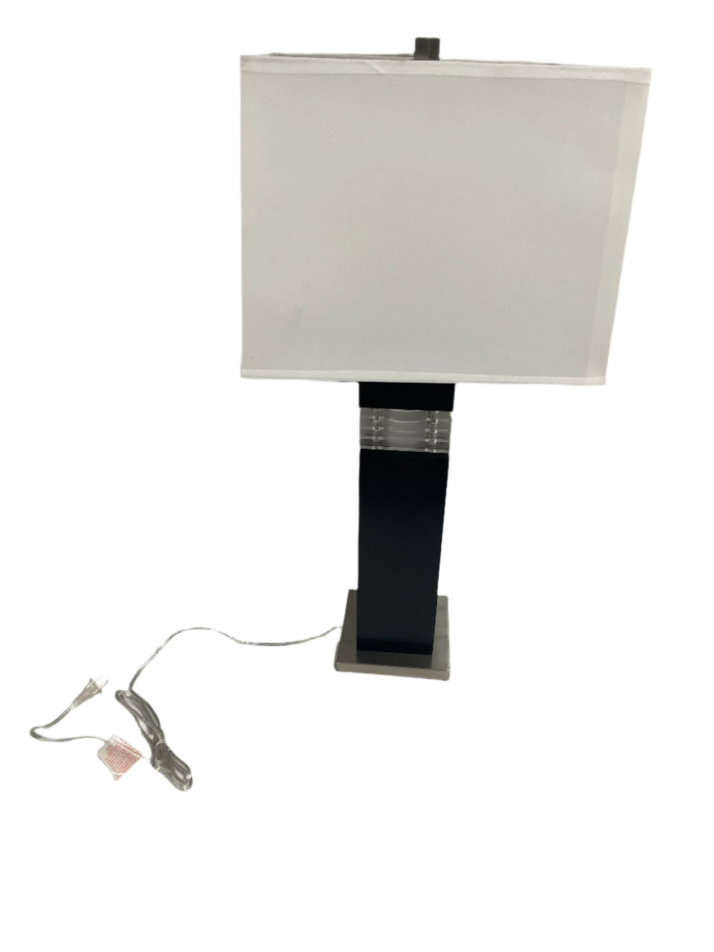 Contemporary Black and White Wooden Sports Lamp. Black post and white shade. All parts included. 32 inches tall. 5169555