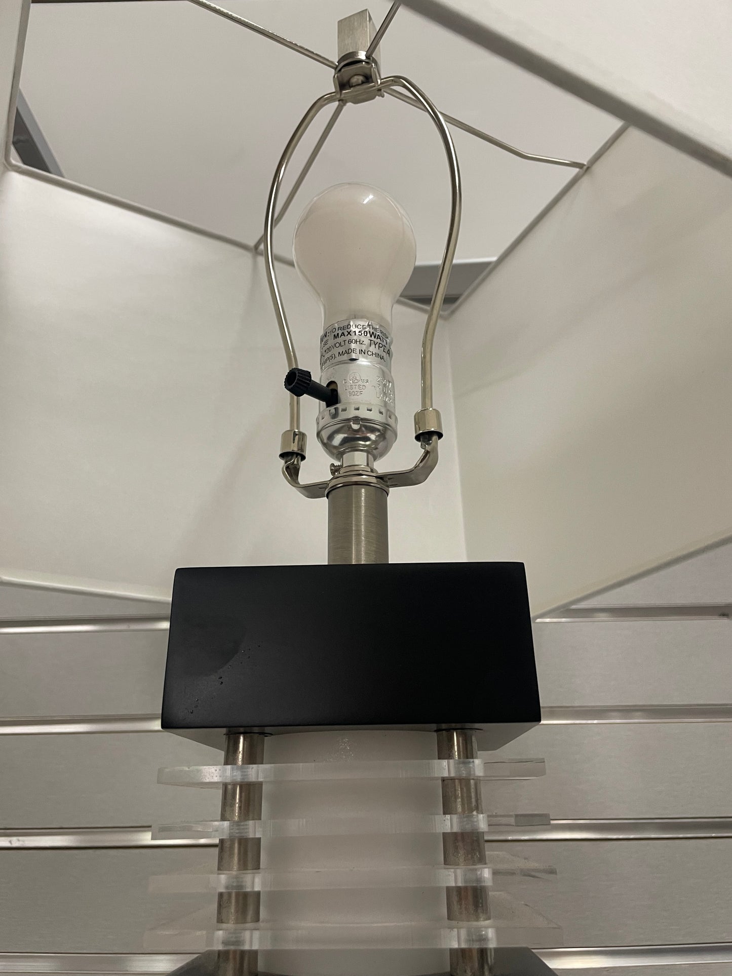 Contemporary Black and White Wooden Sports Lamp. Black post and white shade. All parts included. 32 inches tall. 5169555