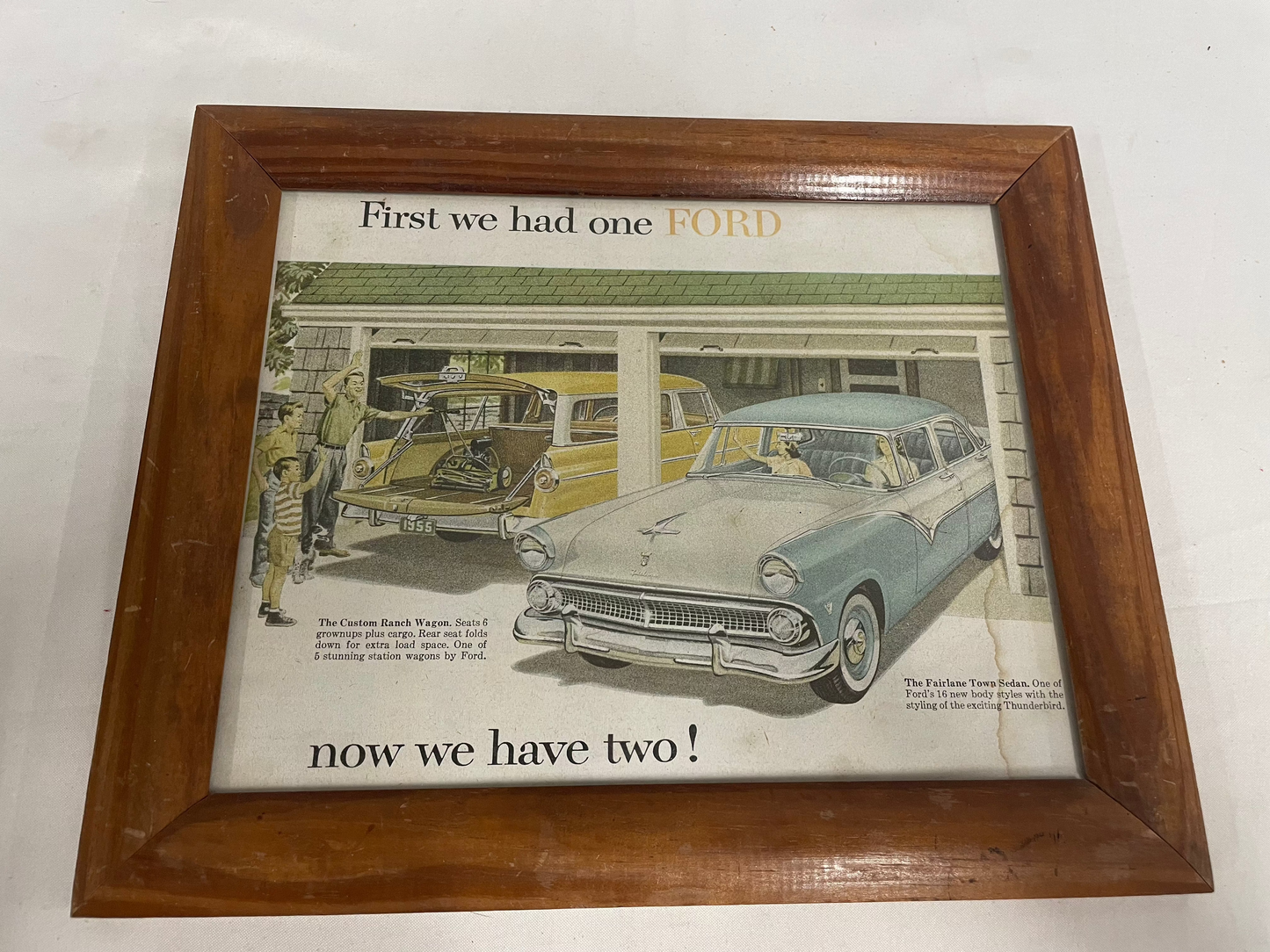 Ford Ranch Wagon and Fairlane Town Sedan Pucture with Picture Frame 12x10in. Wooden frame.