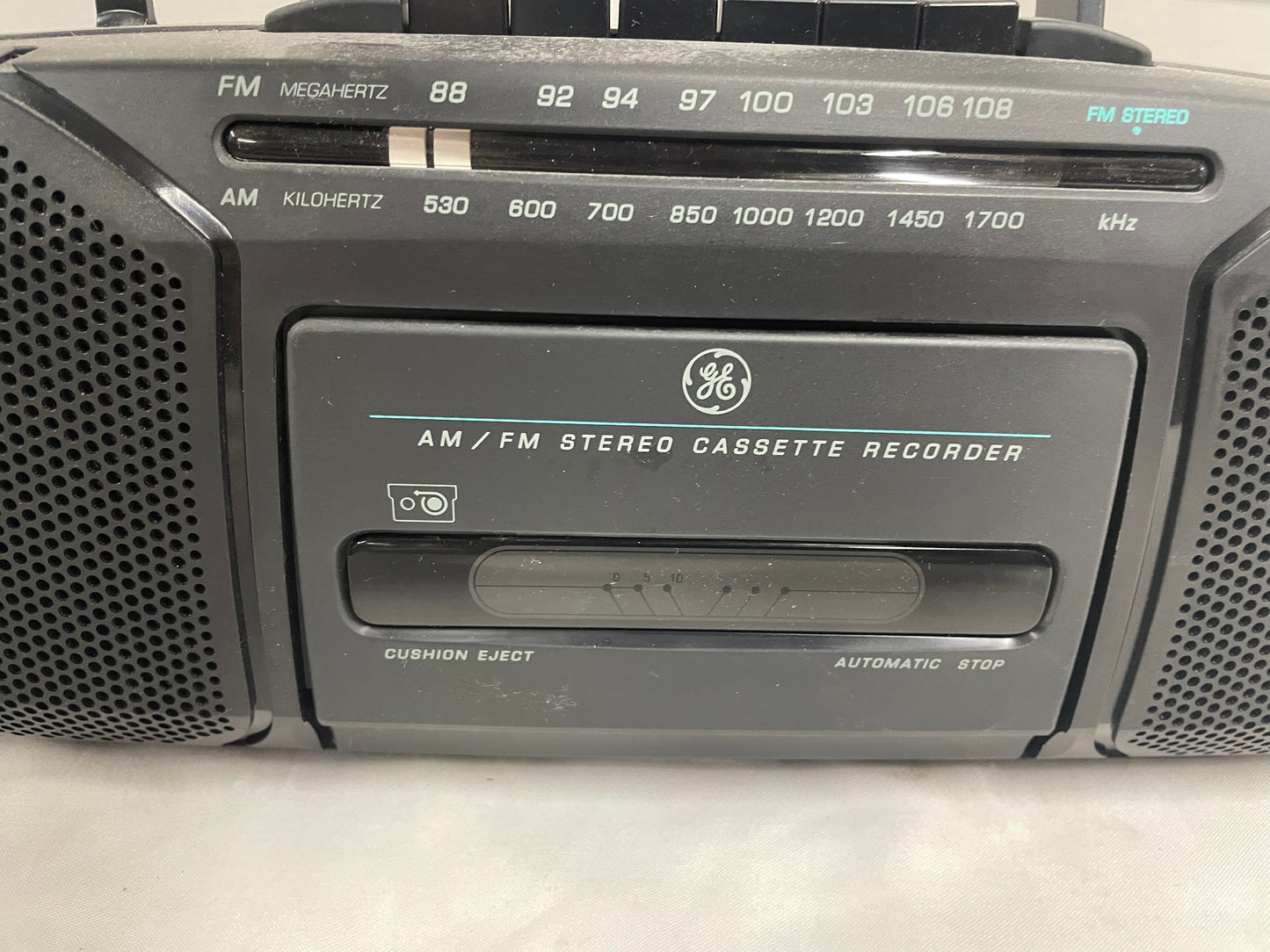 GE AM/FM Stereo Cassette Recorder. Electric. Automatic stop, cushion eject.
