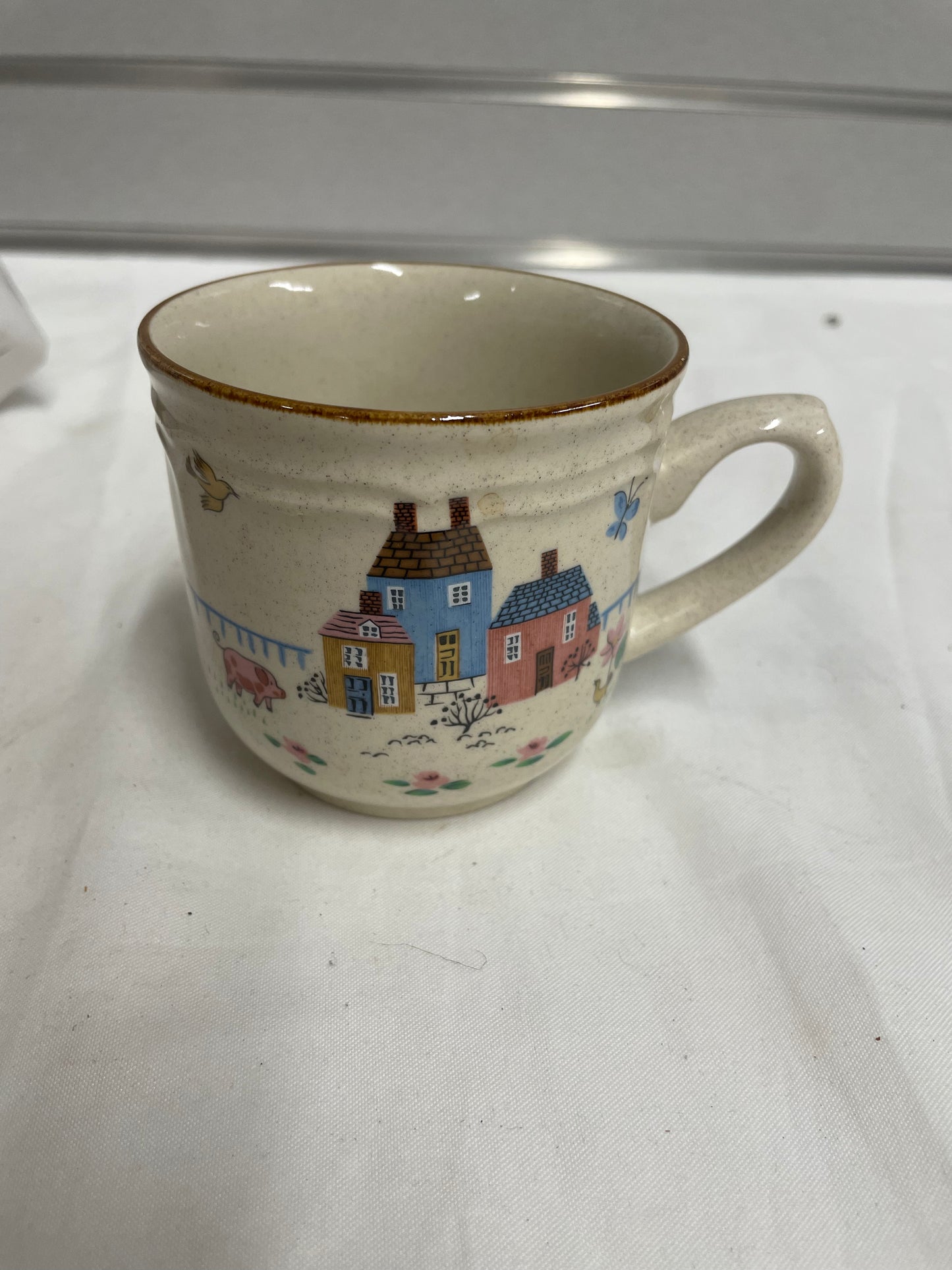 8 Piece China Cups. White coffee cups with farm designs