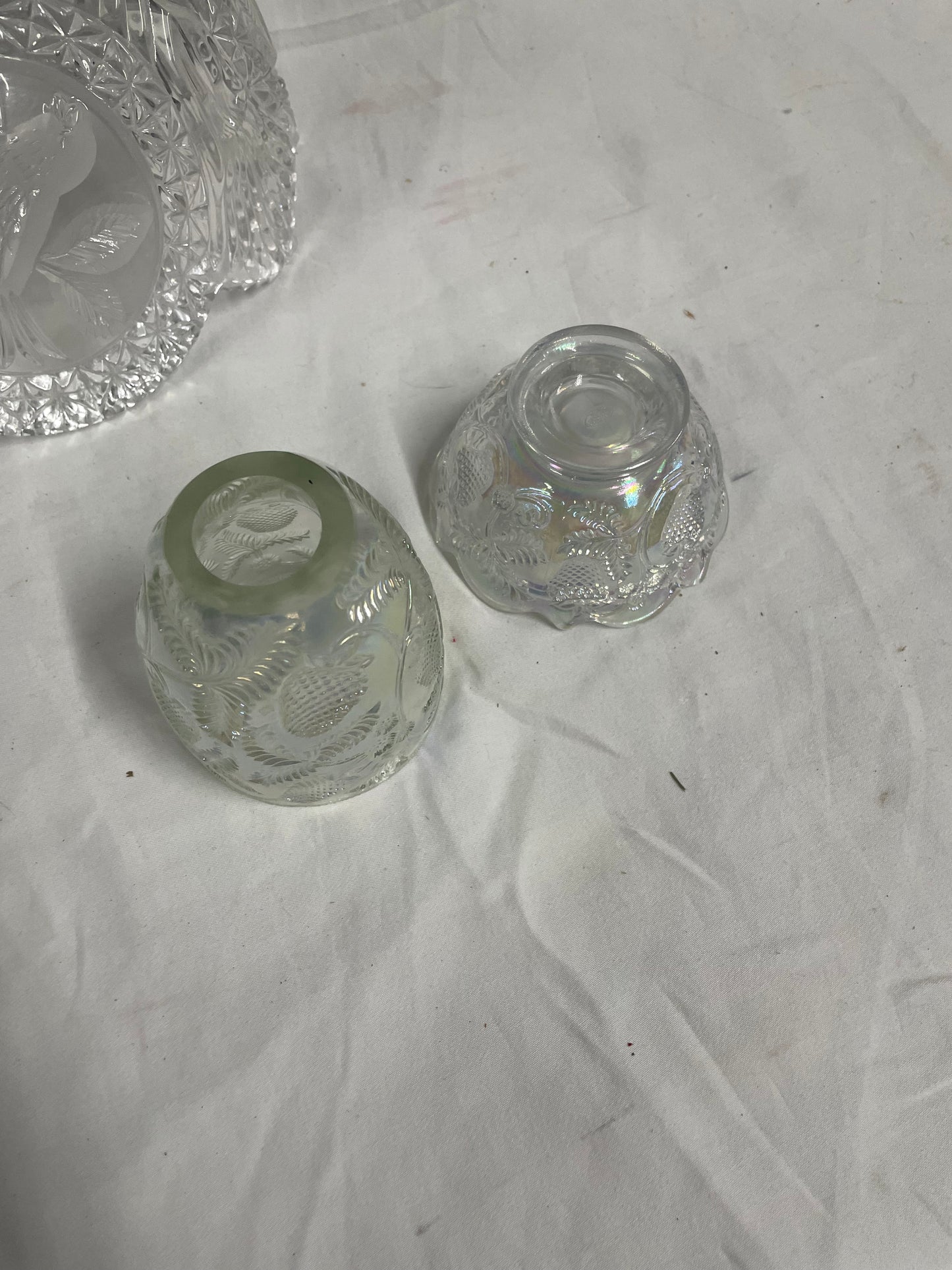 Three glass dishes. 1 - 8" bowl. 2 - 3" Cups. Fancy Glassware Tableware / candle holder