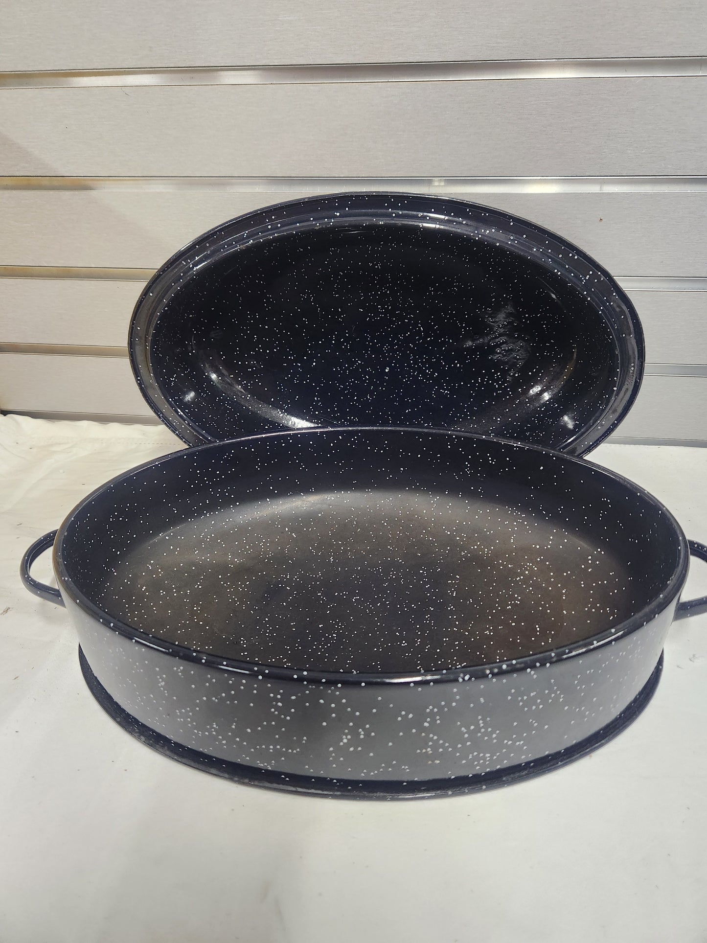 14 inch roasting pan. Black with white speckles. 14" x 8.5"