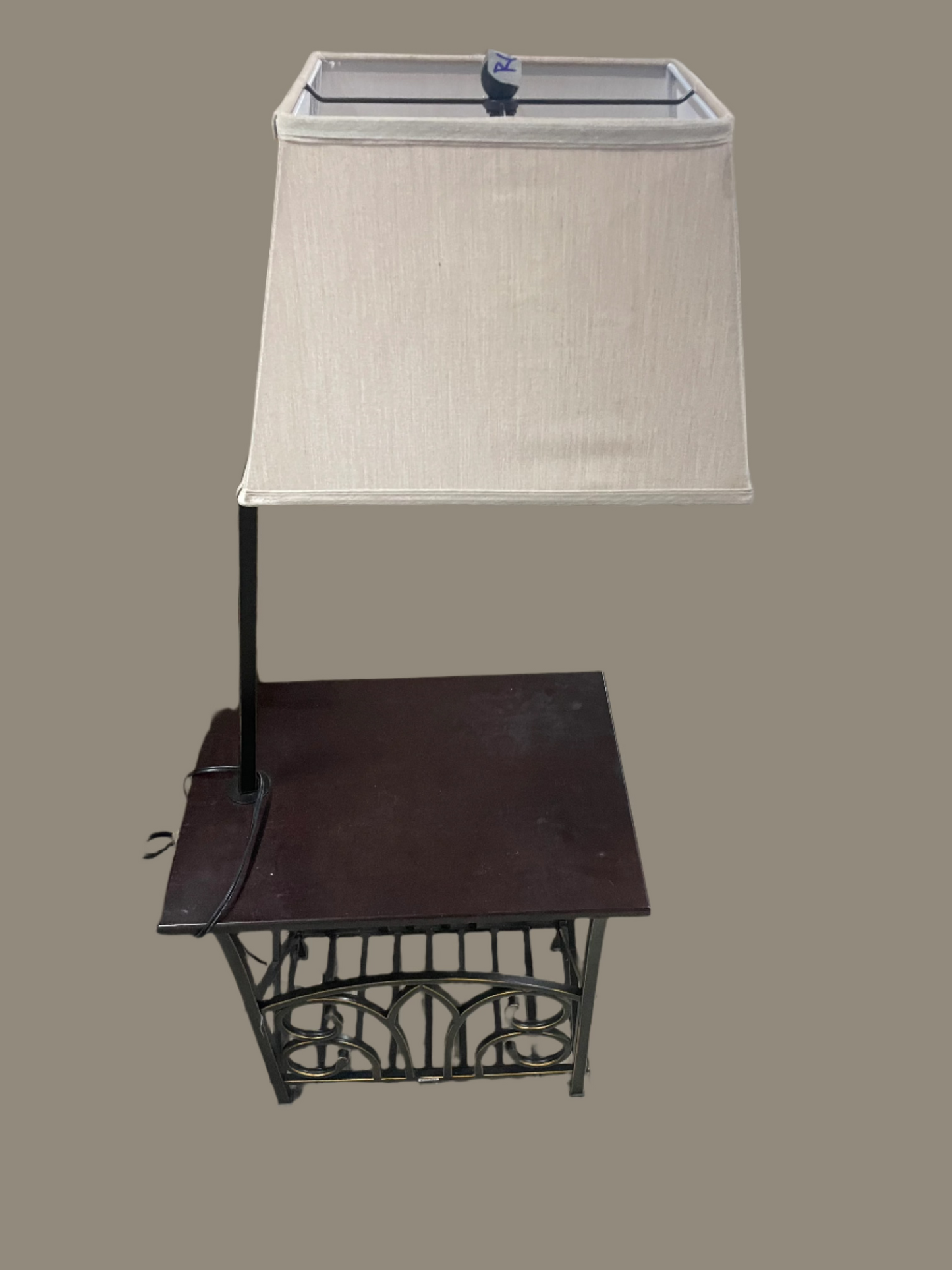 Lakeland Furniture Wooden Nightstand Lamp Magazine Rack Table. With storage. White lamp shade. One piece. 52in tall. 20in long. 14in wide. 5169557