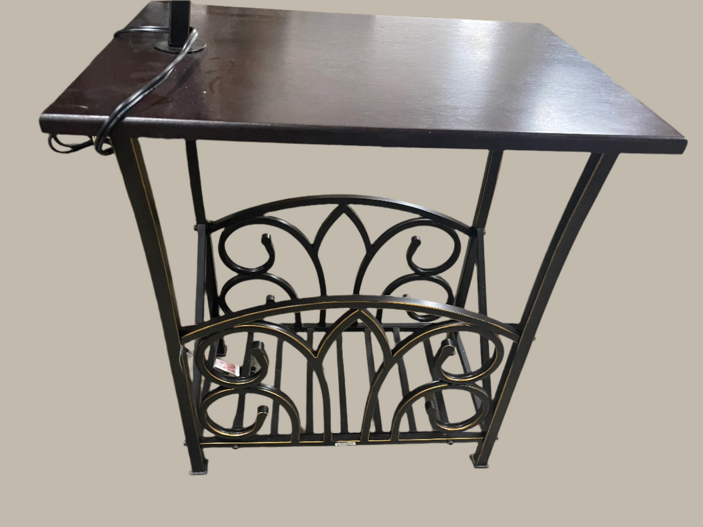 Lakeland Furniture Wooden Nightstand Lamp Magazine Rack Table. With storage. White lamp shade. One piece. 52in tall. 20in long. 14in wide. 5169557