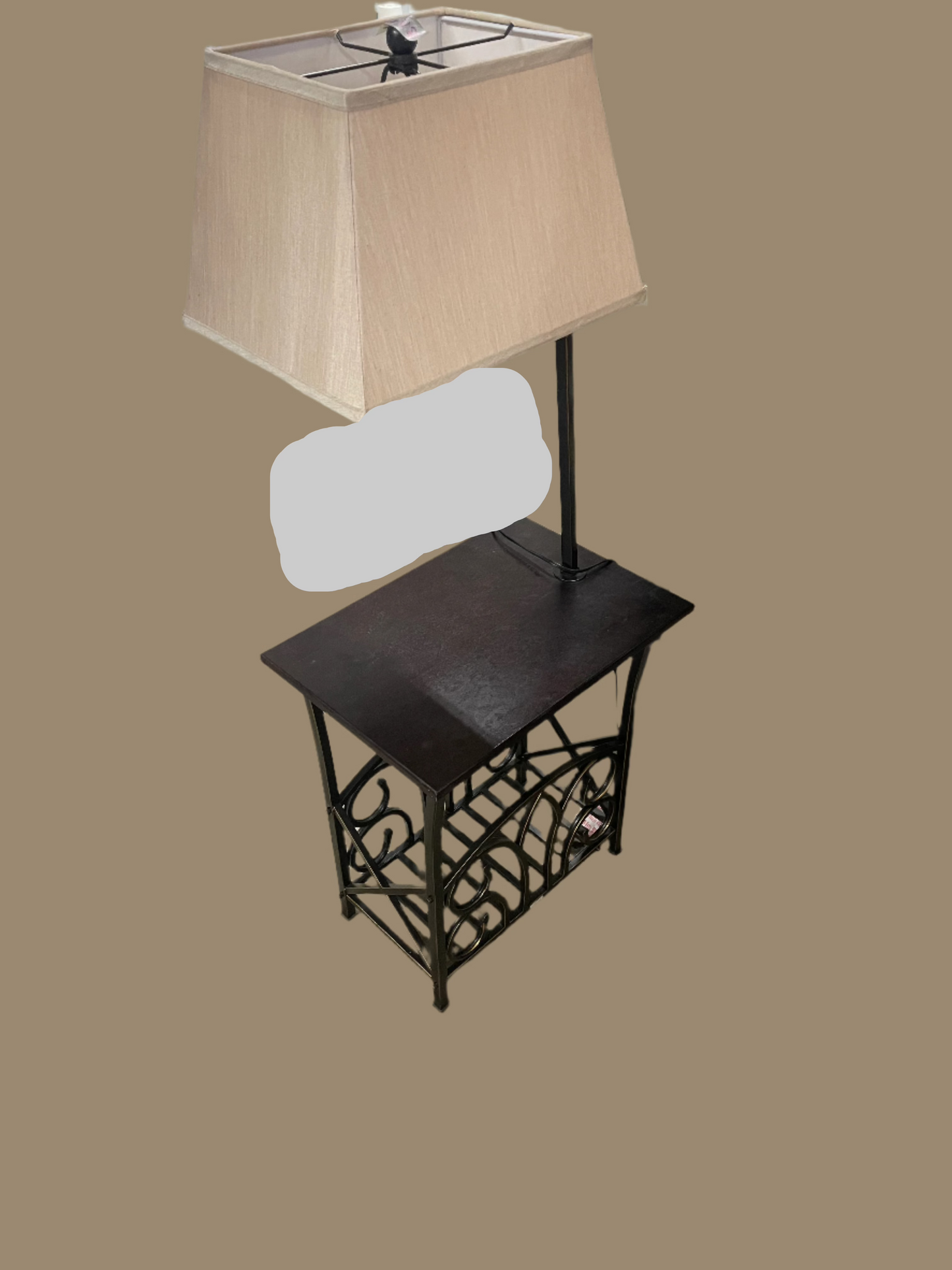 Lakeland Furniture Wooden Nightstand Lamp Magazine Rack Table. With storage. White lamp shade. One piece. 52in tall. 20in long. 14in wide. 5169557
