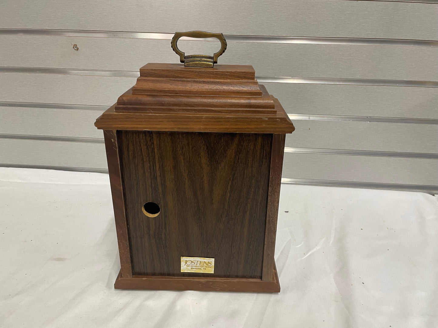 Jostens Decrative GE commemoritive Box Clock. Wooden box. Metal inside. Back opens up. Handle on top.