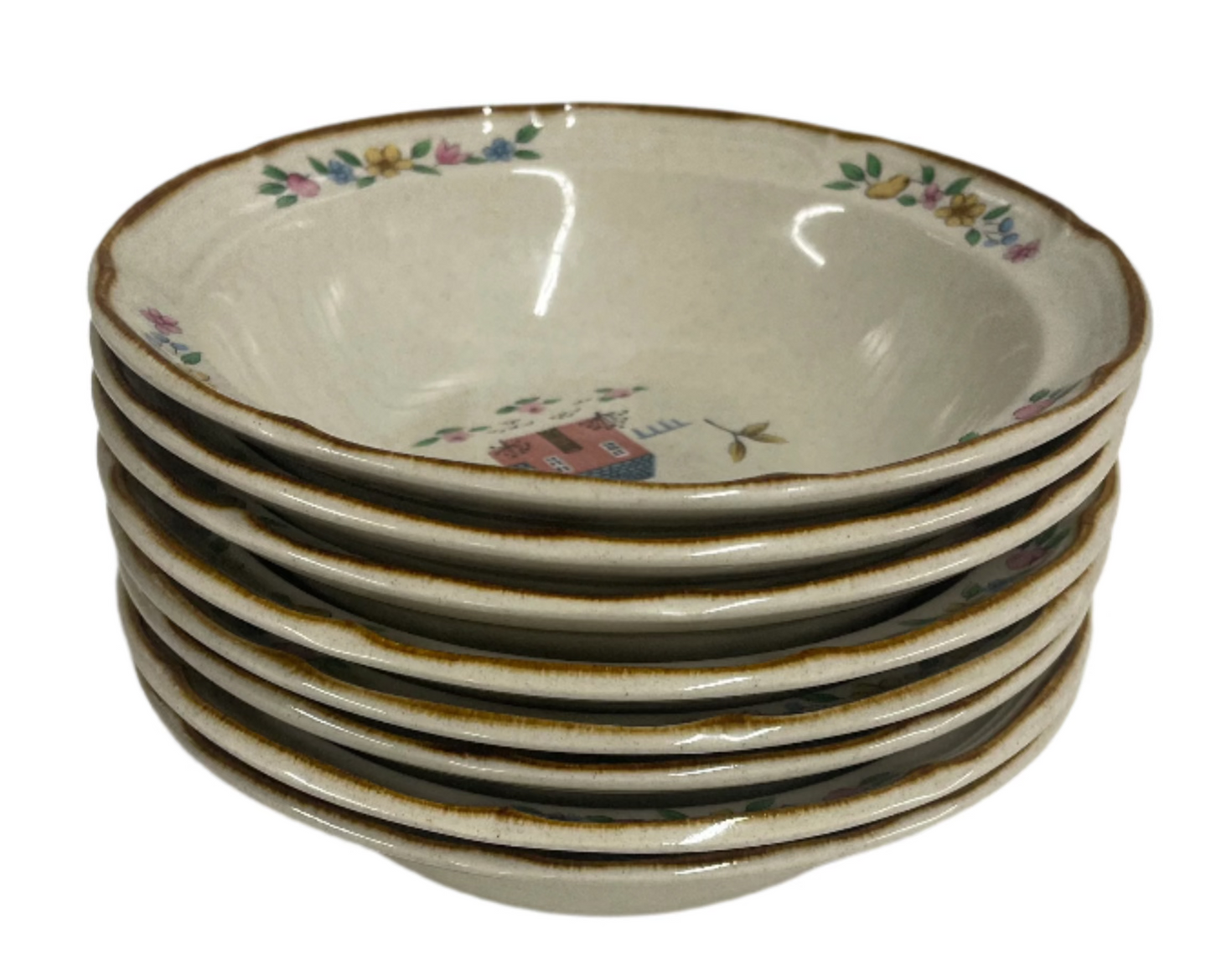 International Heartland Stoneware China Bowl Set. White Ceramic set with colorful designs.