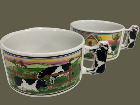 Cow Mug Soup dishes. 2 pieces. Cow handle. White dishes.