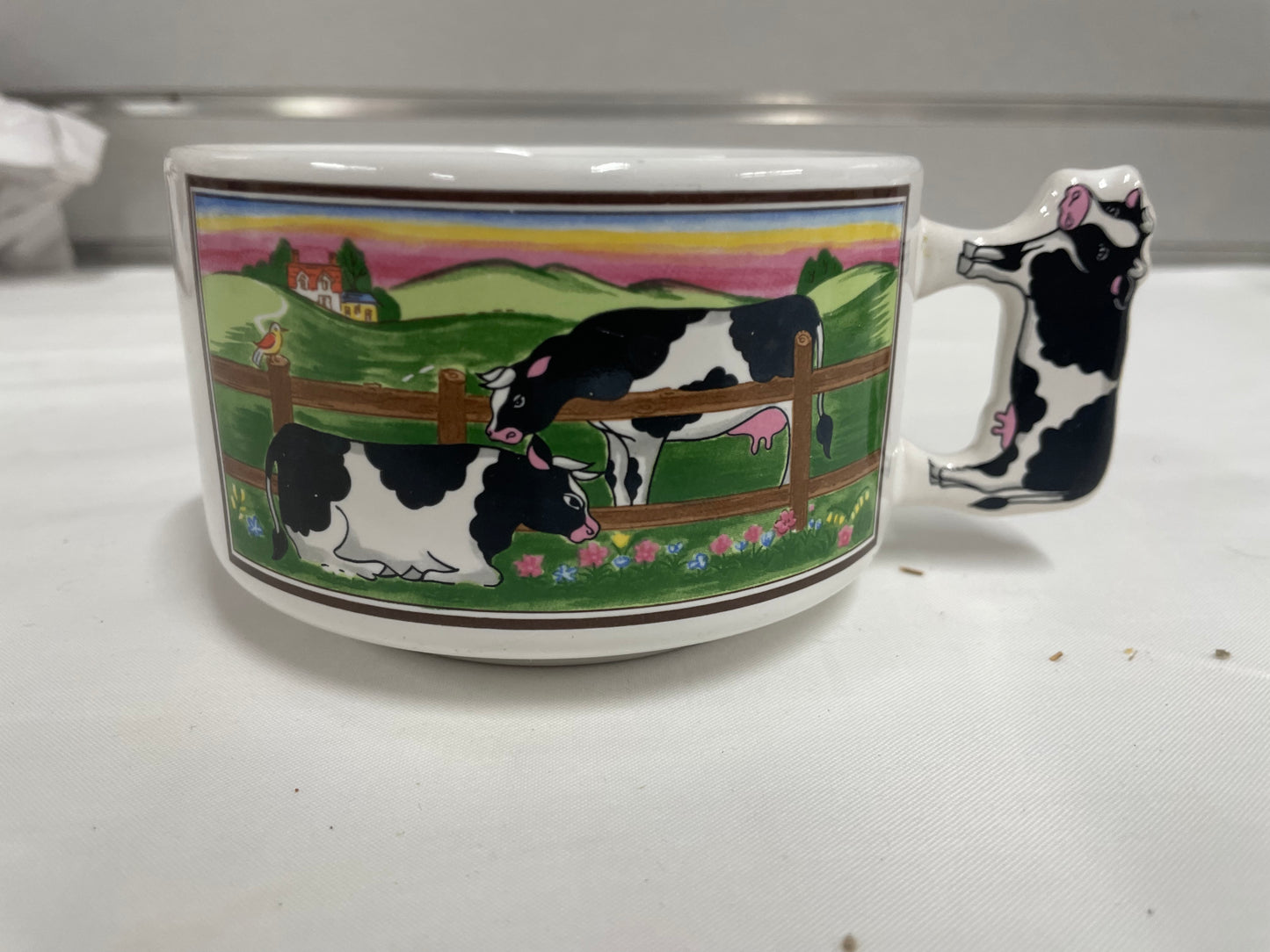 Cow Mug Soup dishes. 2 pieces. Cow handle. White dishes.