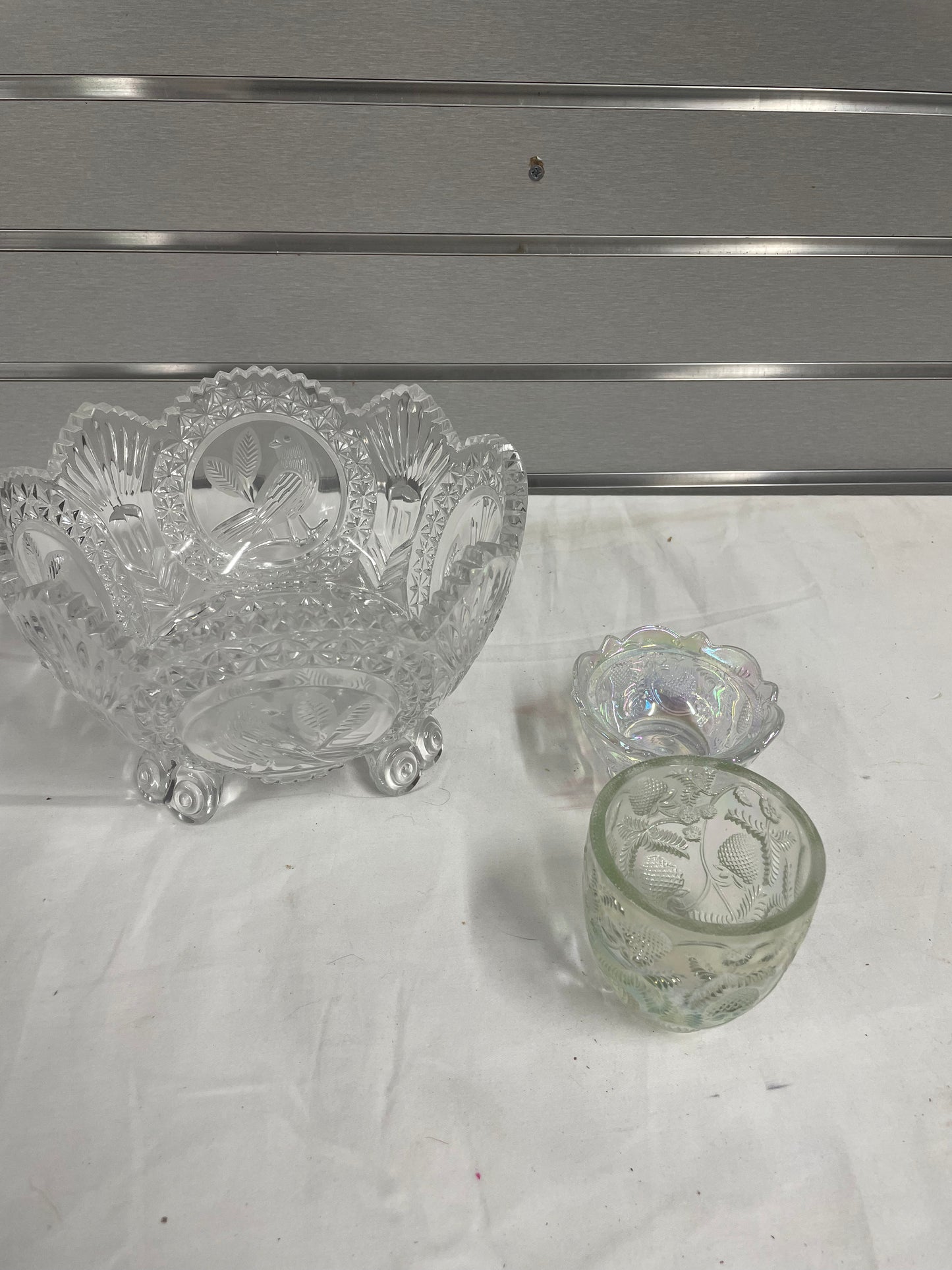 Three glass dishes. 1 - 8" bowl. 2 - 3" Cups.  Fancy Glassware Tableware / candle holder