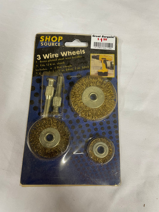 Shop Source Three Wire Wheel. Have not been opened. In original packaging. Brass plated steel wire brushes. Fits 1/4 in shank. Brand new