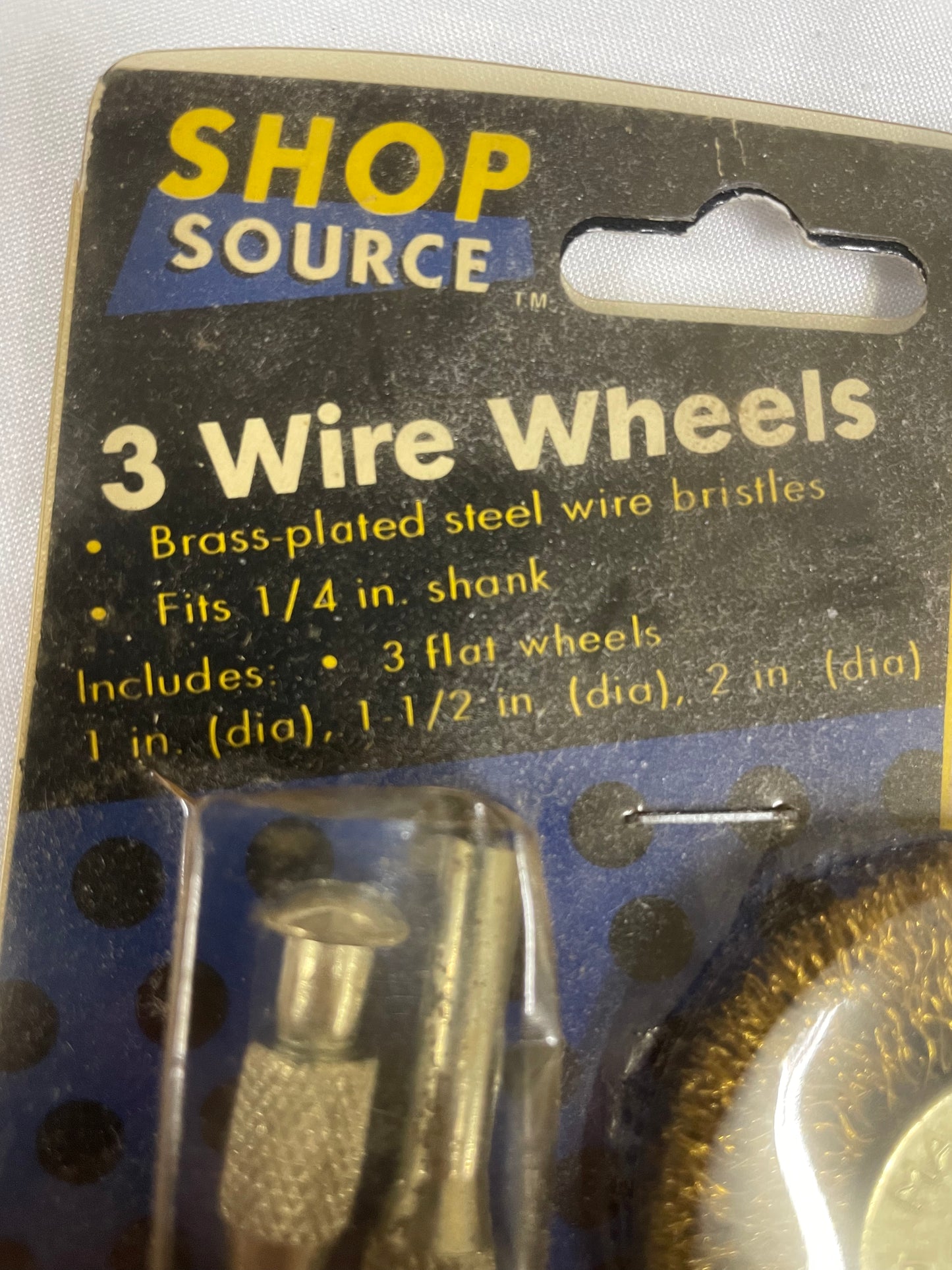 Shop Source Three Wire Wheel. Have not been opened. In original packaging. Brass plated steel wire brushes. Fits 1/4 in shank. Brand new