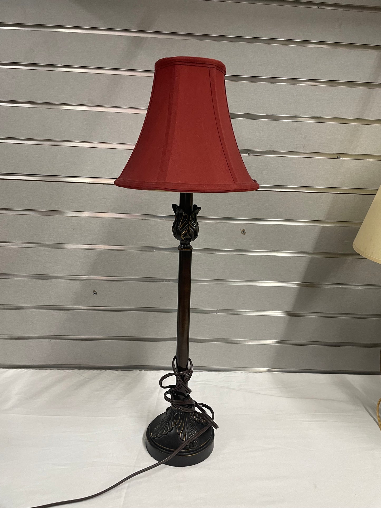 Tall Skinny Lamp with Red lamp shade. Lamp is 26” tall and the shade is 10” wide