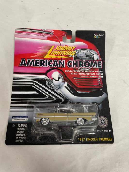 Johnny Lightning American Chrome 1957 Lincoln Premiere. Diecast metal body replica car. 1:64 scale model. Brand new in package.