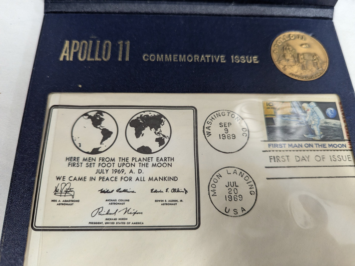 1969 Apollo 11 commemorative plaque and coin collection first day cover and metal